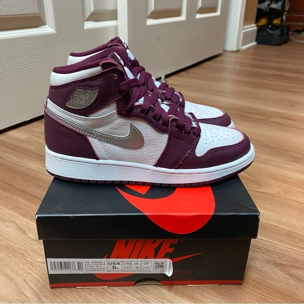Air Jordan 1 Retro High OG GS "Bordeaux/White/Metallic Silver" Size 6.5 - Picture 1 of 9